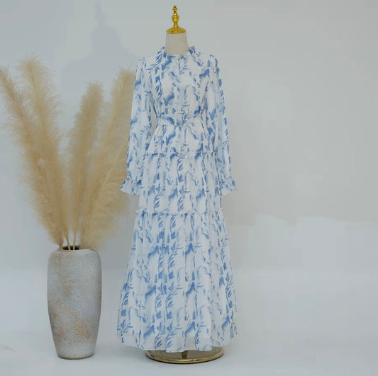 DRESS -Elegant Blue & White Floral Chiffon dress